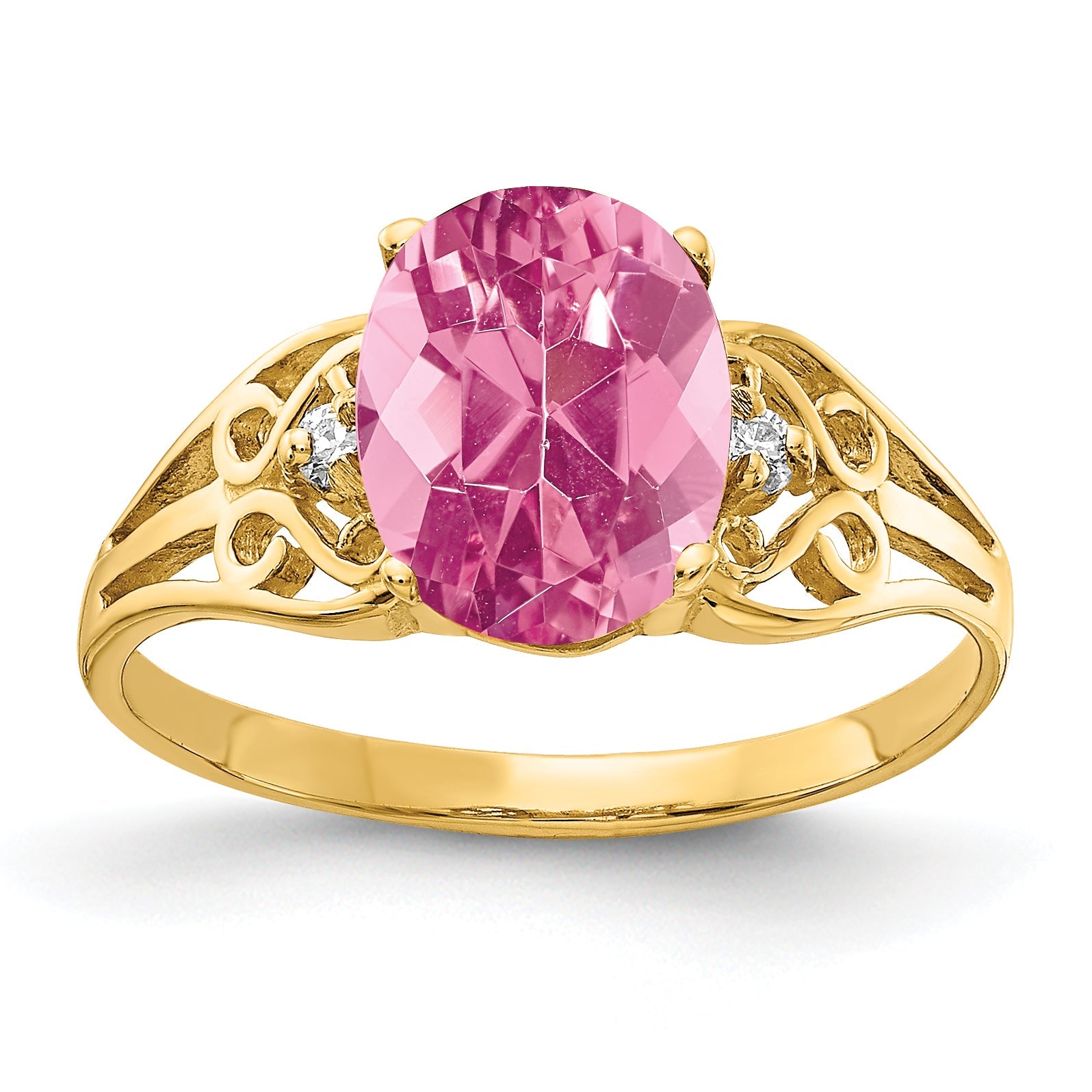 Solid 14k Yellow Gold 9x7mm Oval Simulated Pink Tourmaline AAA CZ Ring