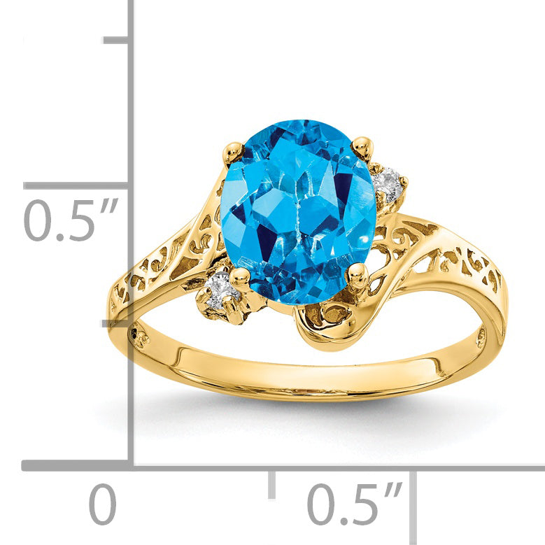 Solid 14k Yellow Gold 9x7mm Oval Simulated Blue Topaz VS CZ Ring
