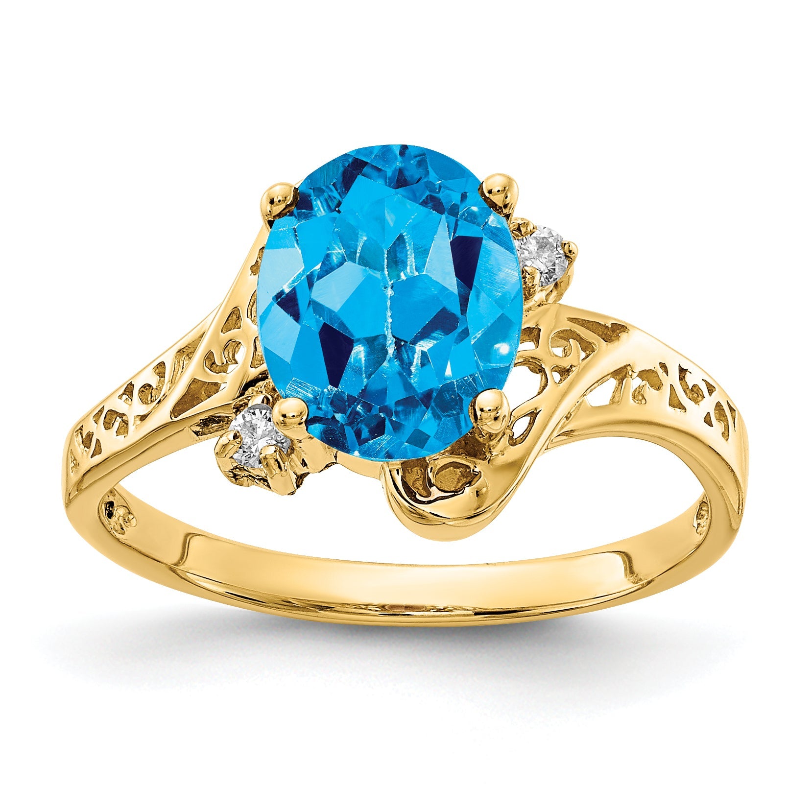 Solid 14k Yellow Gold 9x7mm Oval Simulated Blue Topaz VS CZ Ring