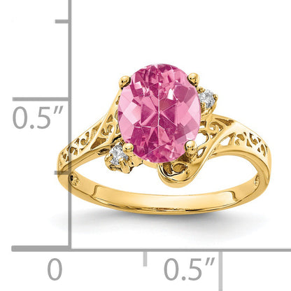 Solid 14k Yellow Gold 9x7mm Oval Simulated Pink Tourmaline AAA CZ Ring