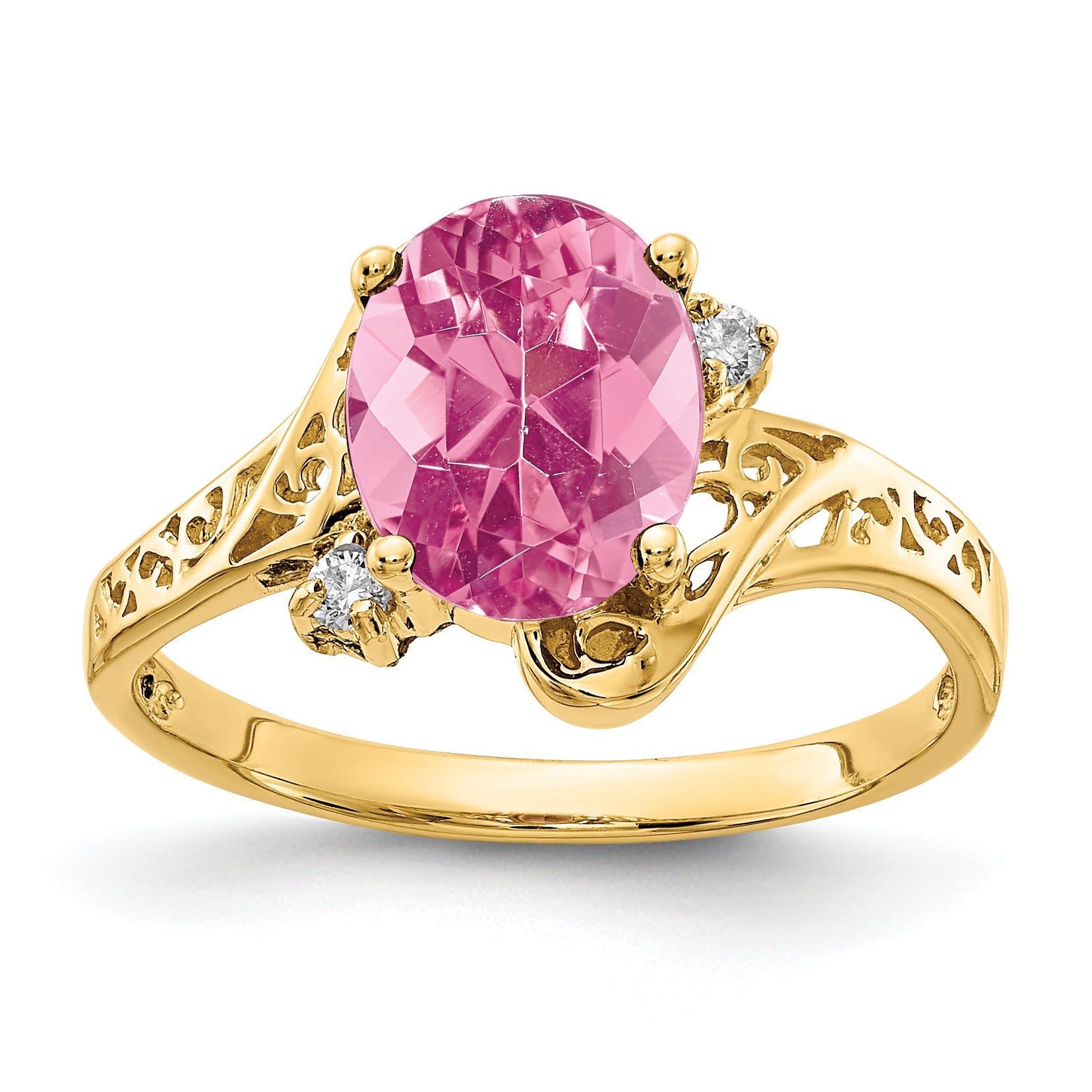 Solid 14k Yellow Gold 9x7mm Oval Simulated Pink Tourmaline AAA CZ Ring