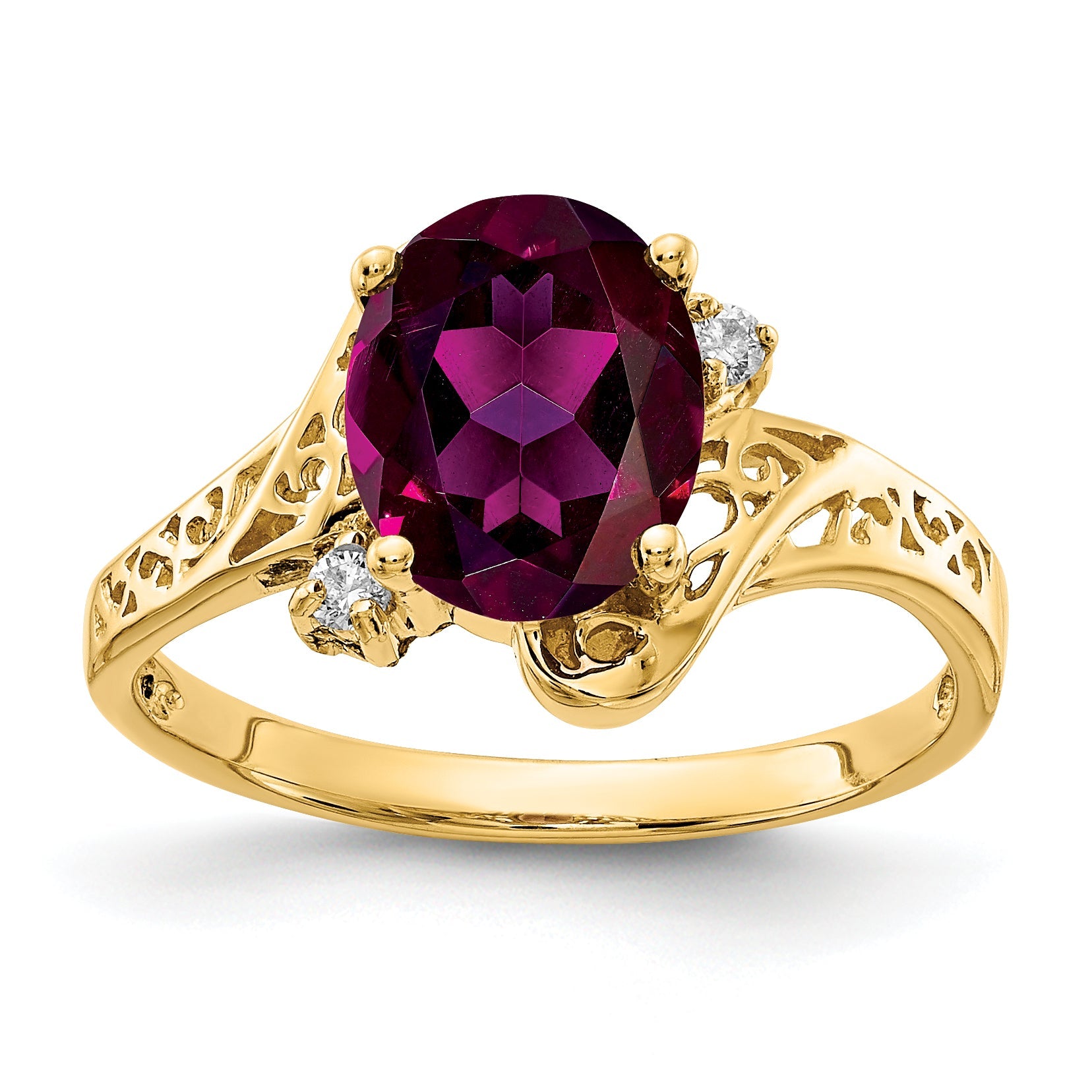 Solid 14k Yellow Gold 9x7mm Oval Rhodolite Simulated Garnet AAA CZ Ring