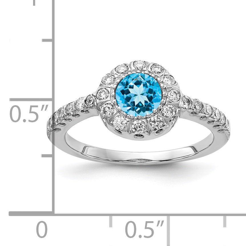 Solid 14k White Gold 5mm Simulated Blue Topaz VS CZ Ring