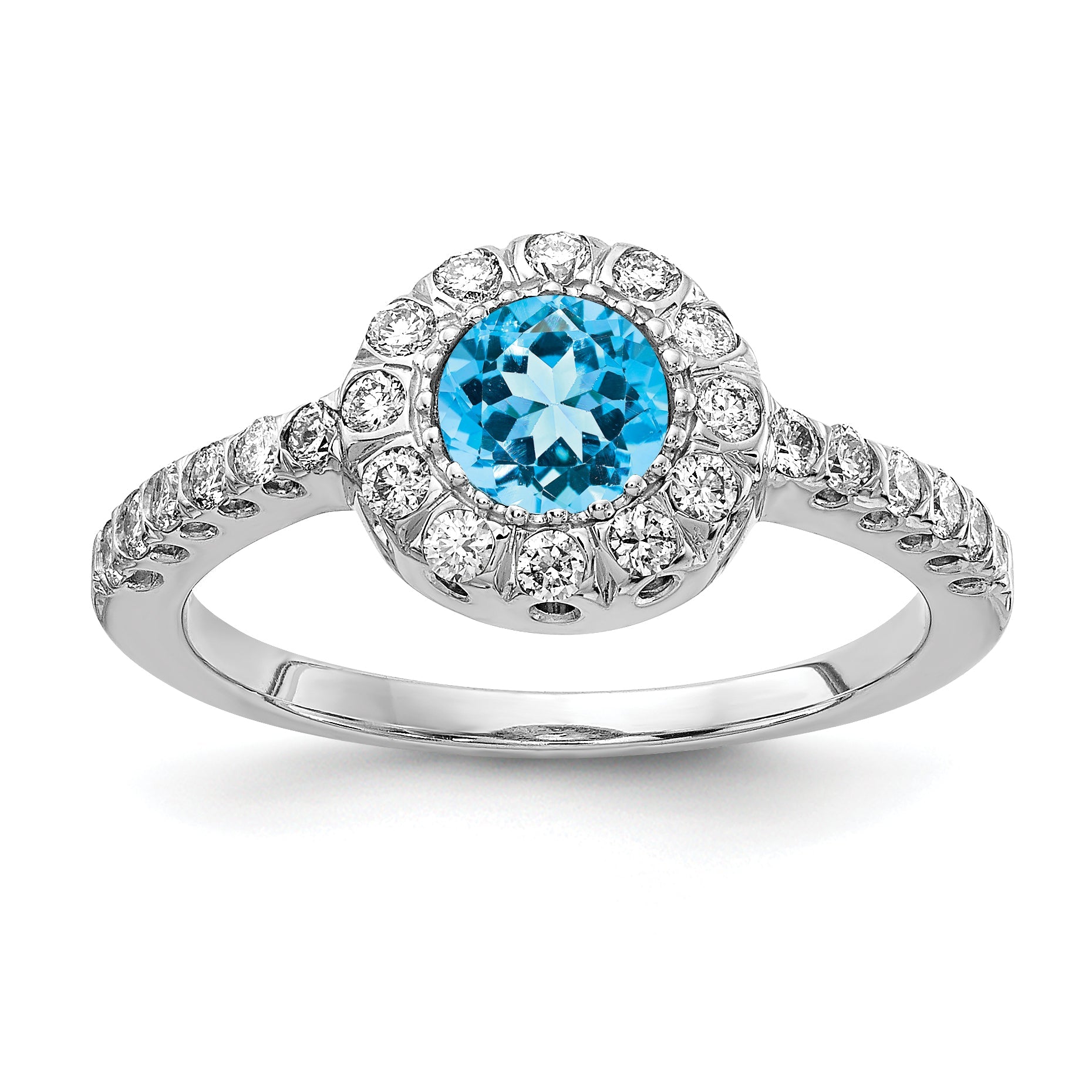Solid 14k White Gold 5mm Simulated Blue Topaz AAA CZ Ring