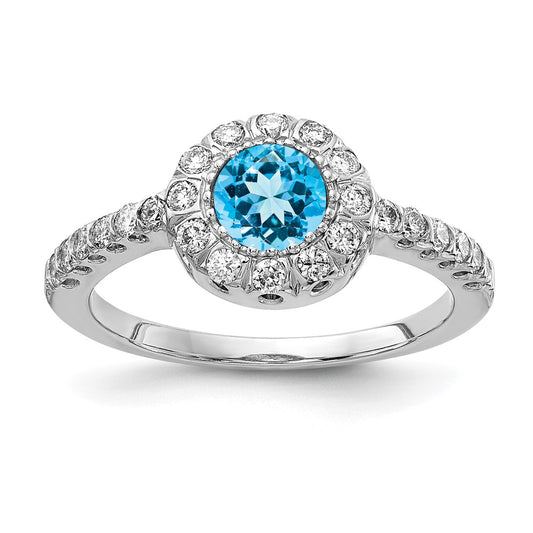 Solid 14k White Gold 5mm Simulated Blue Topaz A CZ Ring