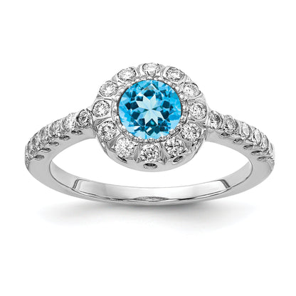 Solid 14k White Gold 5mm Simulated Blue Topaz VS CZ Ring