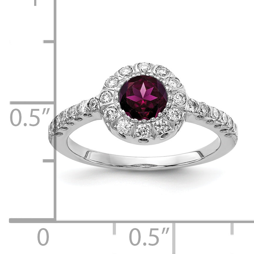 Solid 14k White Gold 5mm Rhodolite Simulated Garnet VS CZ Ring