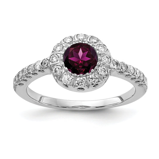 Solid 14k White Gold 5mm Rhodolite Simulated Garnet VS CZ Ring