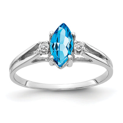 Solid 14k White Gold 8x4mm Marquise Simulated Blue Topaz VS CZ Ring