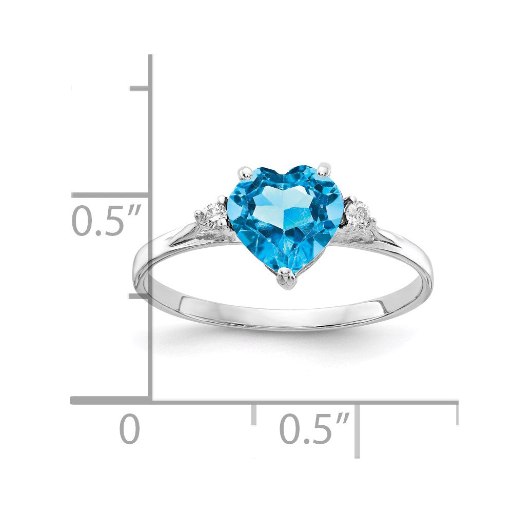 Solid 14k White Gold 7mm Heart Simulated Blue Topaz A CZ Ring