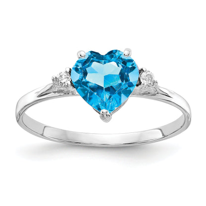 Solid 14k White Gold 7mm Heart Simulated Blue Topaz AA CZ Ring