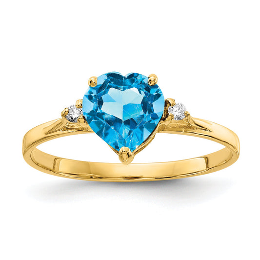 Solid 14k Yellow Gold 7mm Heart Simulated Blue Topaz AA CZ Ring