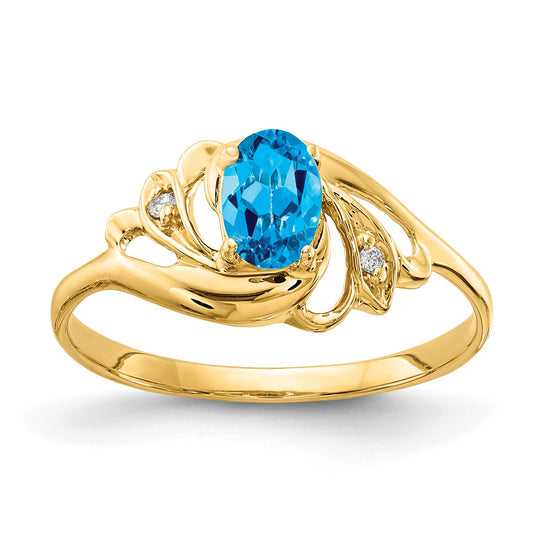 Solid 14k Yellow Gold 6x4mm Oval Simulated Blue Topaz AAA CZ Ring