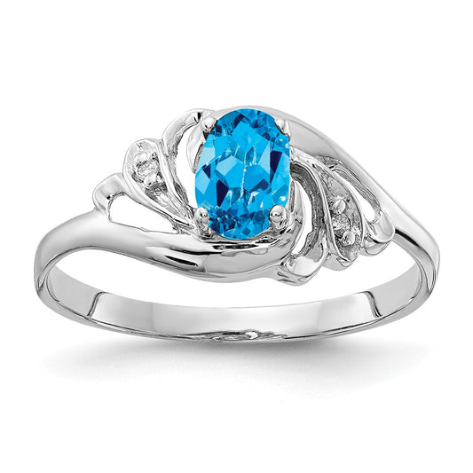 Solid 14k White Gold 6x4mm Oval Simulated Blue Topaz A CZ Ring