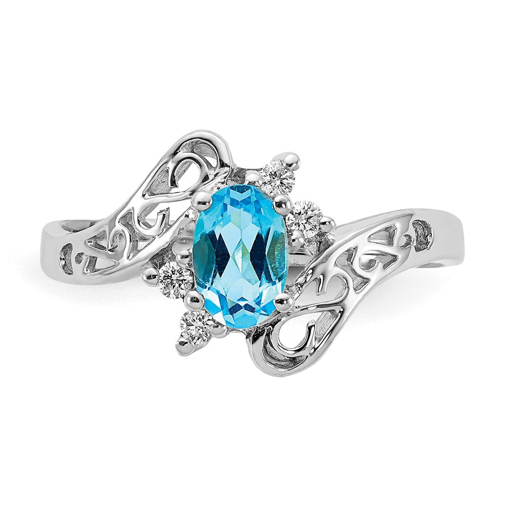 Solid 14k White Gold 6x4mm Oval Simulated Blue Topaz A CZ Ring