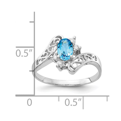 Solid 14k White Gold 6x4mm Oval Simulated Blue Topaz A CZ Ring