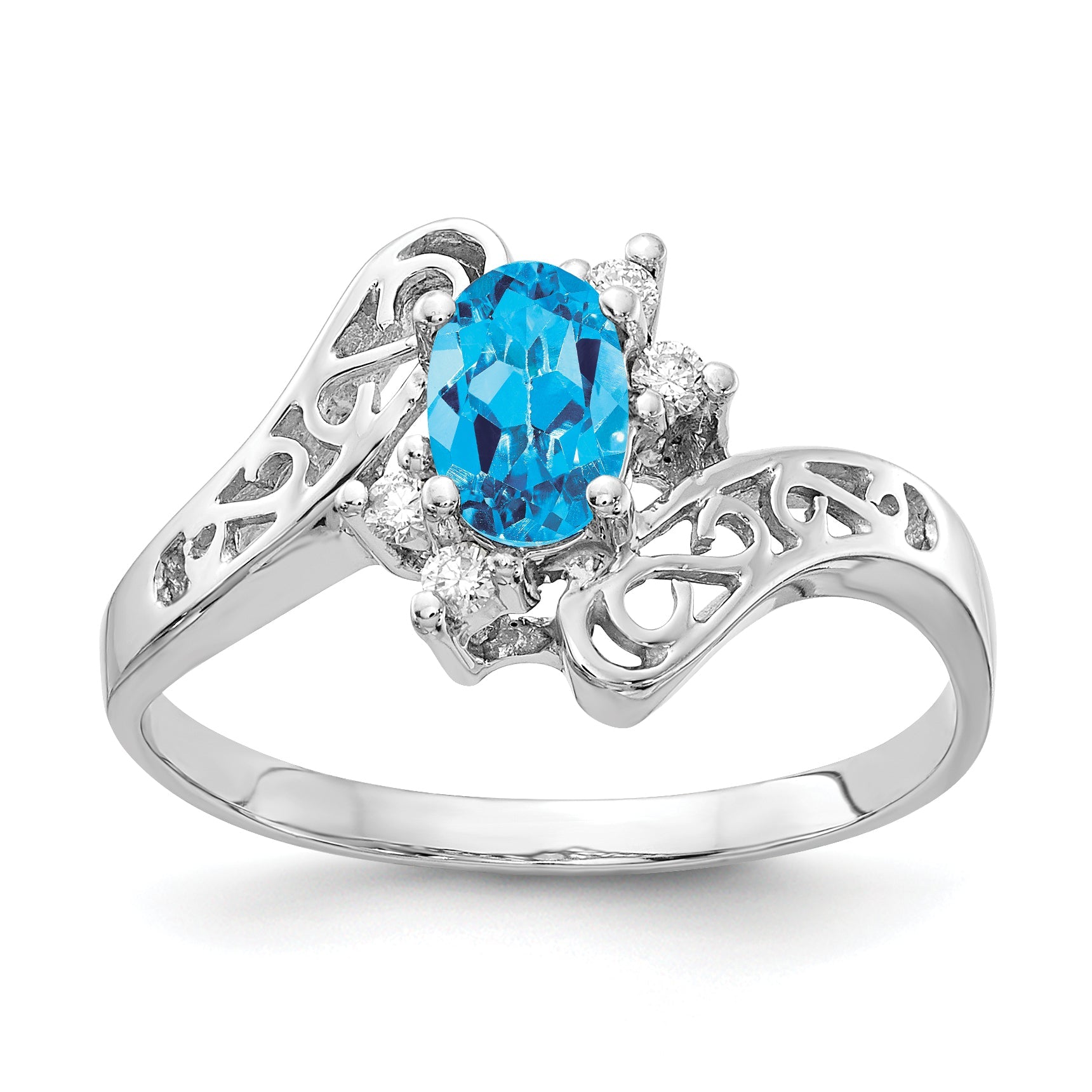 Solid 14k White Gold Simulated Blue Topaz AA CZ Ring
