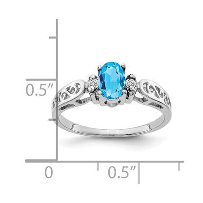 Solid 14k White Gold 6x4mm Oval Simulated Blue Topaz A CZ Ring