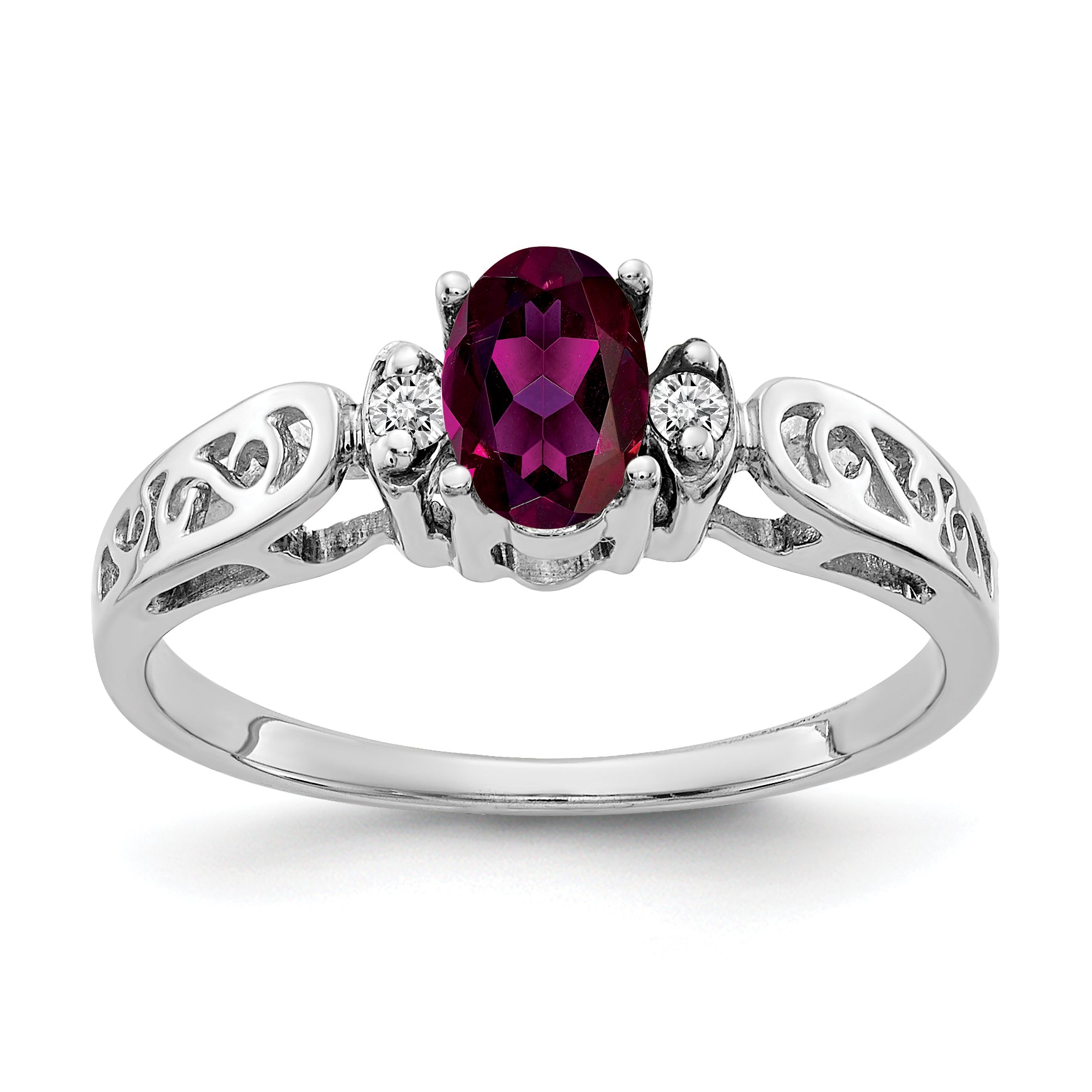 Solid 14k White Gold 6x4mm Oval Rhodolite Simulated Garnet VS CZ Ring