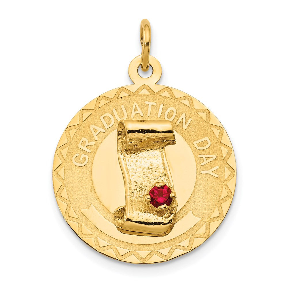 14k Yellow Gold GRADUATION DAY Charm with Red Synthetic Stone Charm