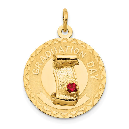 14k Yellow Gold GRADUATION DAY Charm with Red Synthetic Stone Charm