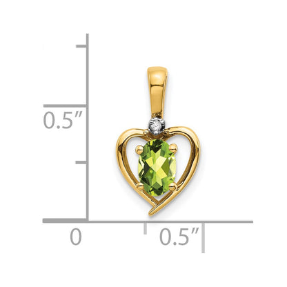 Natural Diamond and Oval Peridot Heart Love Chain Slide Pendant in Solid 14K Yellow Gold