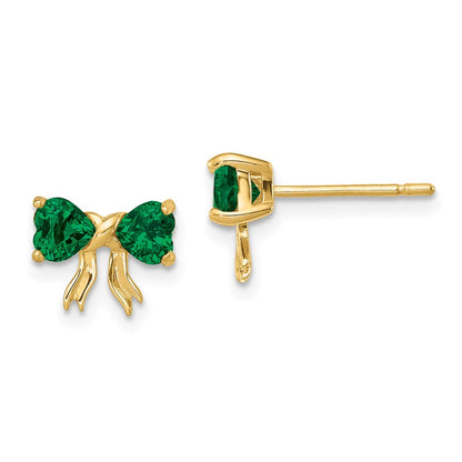 14k Yellow Gold Gold Polished Created Emerald Bow Post Earrings
