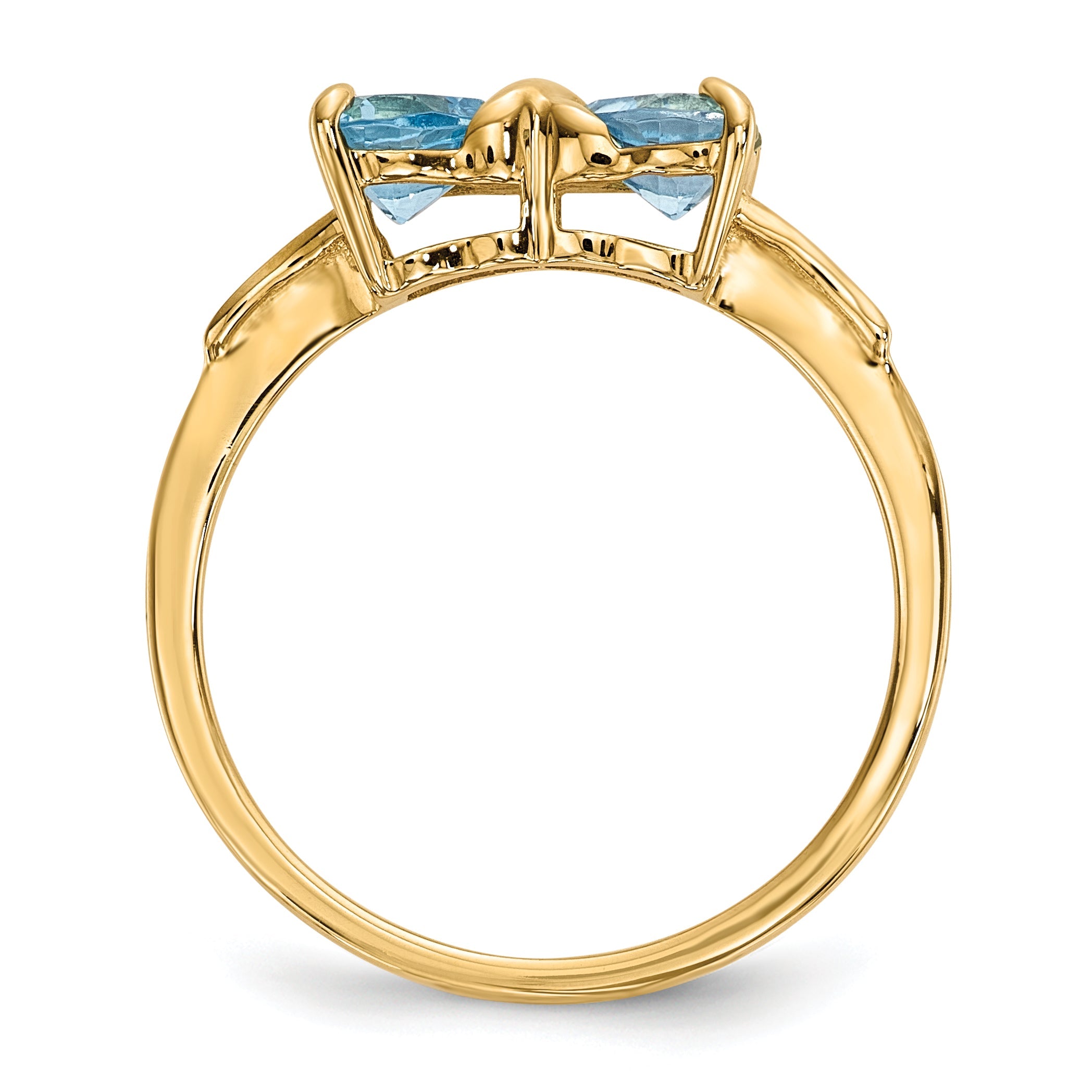 Solid 14k Yellow Gold Polished Light Simulated Swiss Blue Topaz Bow Ring