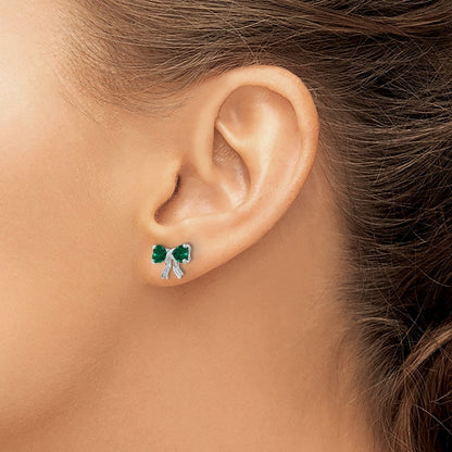 14k White Gold Polished Created Emerald Bow Post Earrings