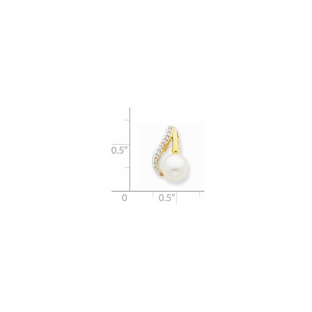 14K 7 8mm Button White FW Cultured Pearl and Rhodium Diamond Pendant