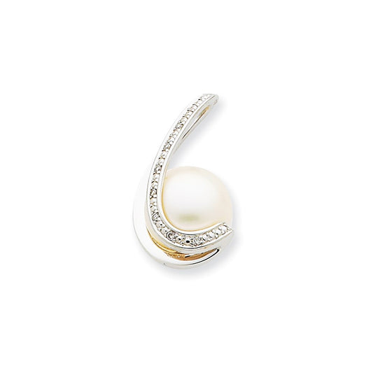14k White Gold WG Diamond (10-11mm) Button FW Cultured Pearl Pendant