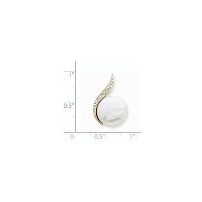 14k Yellow & Rhodium Gold and Rhodium Diamond and (12-13mm) FW Cultured Pearl Pendant