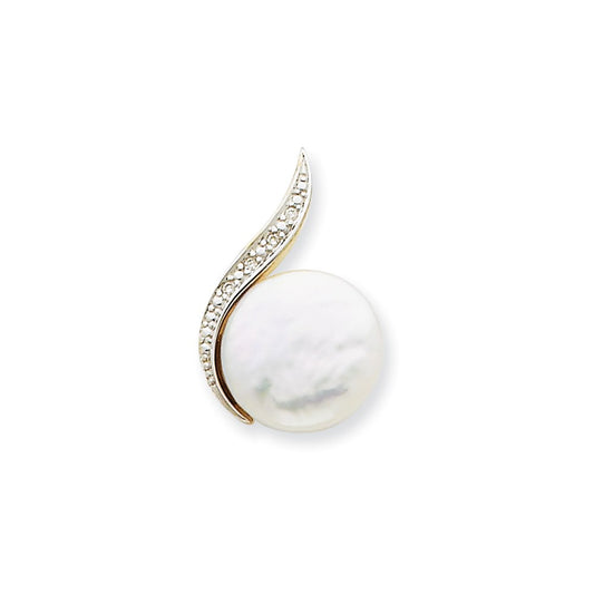 14k Yellow & Rhodium Gold and Rhodium Diamond and (12-13mm) FW Cultured Pearl Pendant