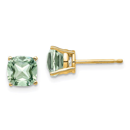 14k Yellow Gold 6mm Cushion Green Quartz Earring XE107AG