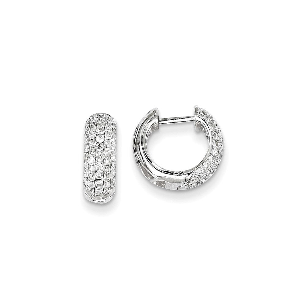 Solid 14k White Gold Simulated CZ Hinged Hoop Earrings