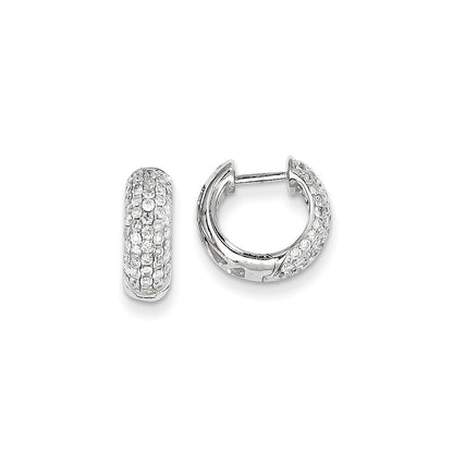 Solid 14k White Gold Simulated CZ Hinged Hoop Earrings