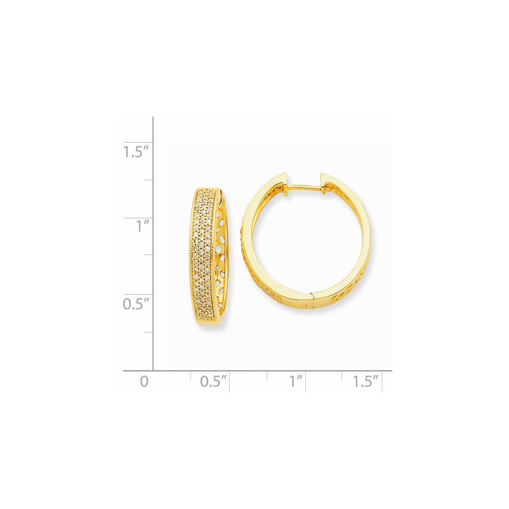 Solid 14k Yellow Gold Simulated CZ Hinged Hoop Earrings