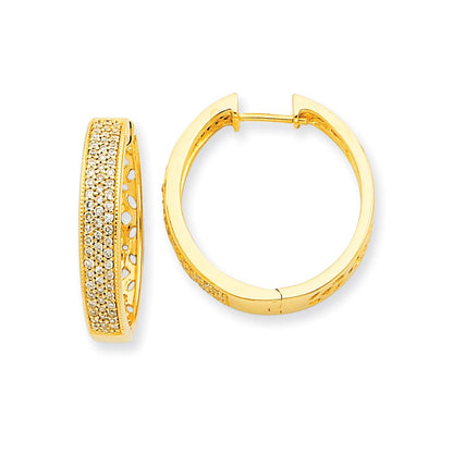 Solid 14k Yellow Gold Simulated CZ Hinged Hoop Earrings
