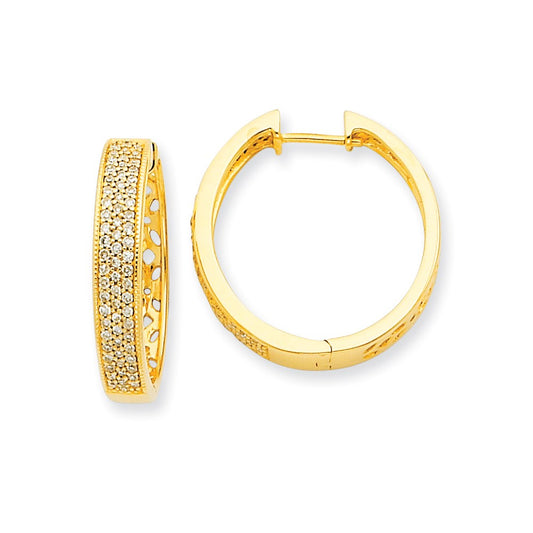 Solid 14k Yellow Gold Simulated CZ Hinged Hoop Earrings