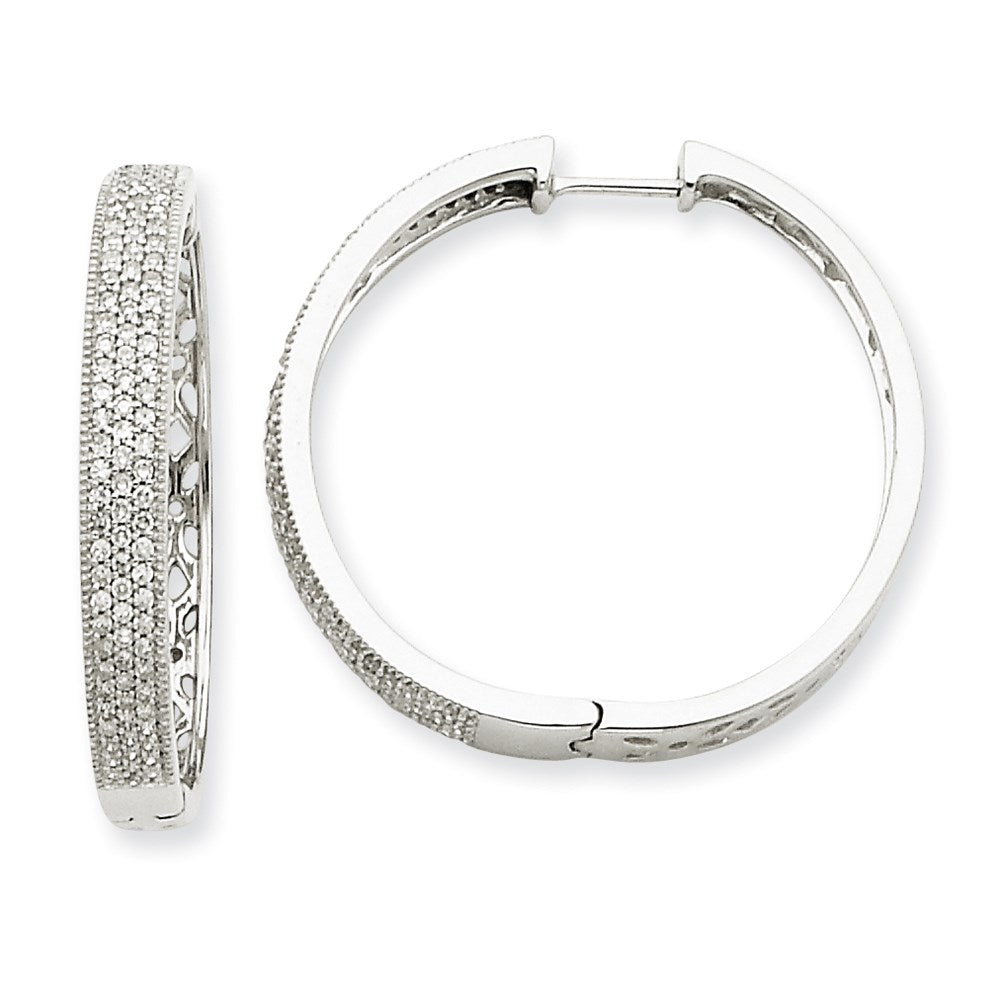 Solid 14k White Gold Simulated CZ Hinged Hoop Earrings