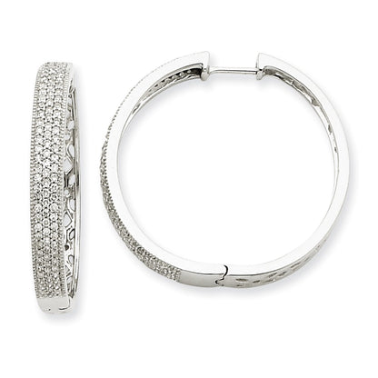 Solid 14k White Gold Simulated CZ Hinged Hoop Earrings