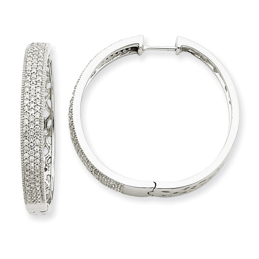 Solid 14k White Gold Simulated CZ Hinged Hoop Earrings