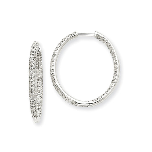 Solid 14k White Gold AA Simulated CZ In & Out Hoop Earrings