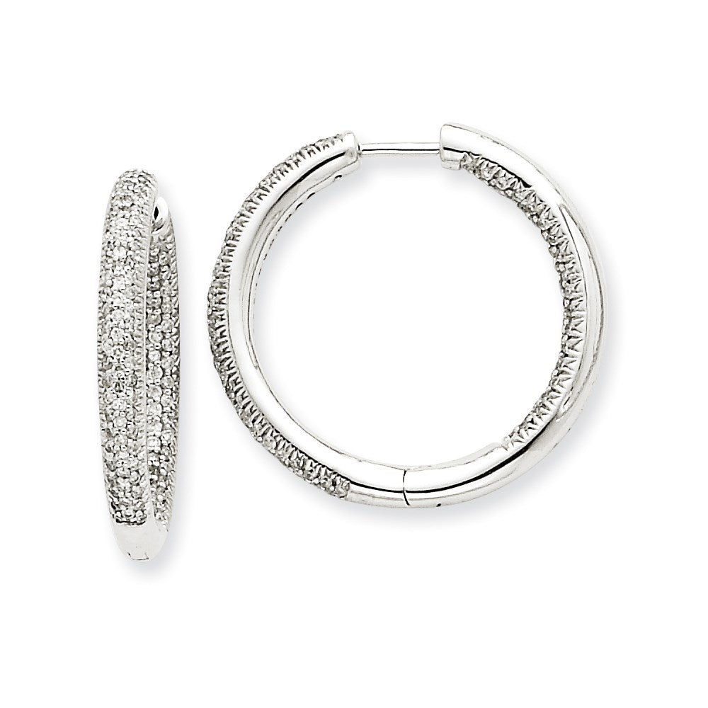 Solid 14k White Gold AA Simulated CZ In & Out Hoop Earrings