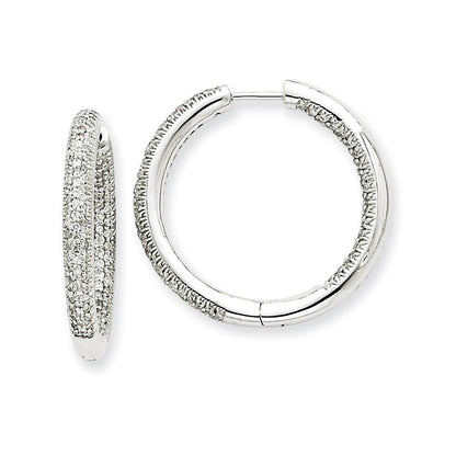 Solid 14k White Gold AA Simulated CZ In & Out Hoop Earrings