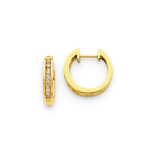 Solid 14k Yellow Gold Simulated CZ Hinged Hoop Earrings