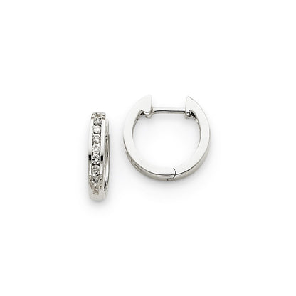 Solid 14k White Gold Simulated CZ Hinged Hoop Earrings