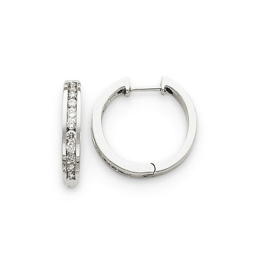 Solid 14k White Gold AA Simulated CZ Hinged Hoop Earrings