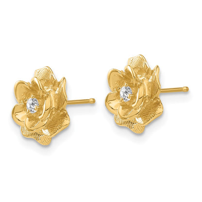 Solid 14k Yellow Gold AA Simulated CZ Flower Post Earrings