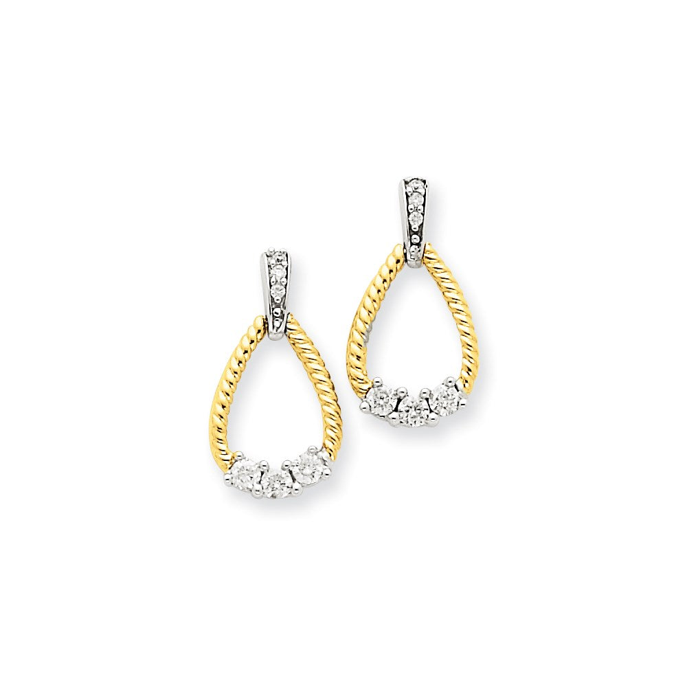 14k Yellow Gold Two-tone Real Diamond Teardrop Post Dangle Earrings XE1602A